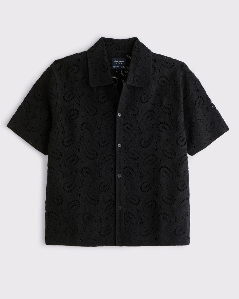 Crochet-Style Diamond Pattern Button-Through Sweater Polo Product Image