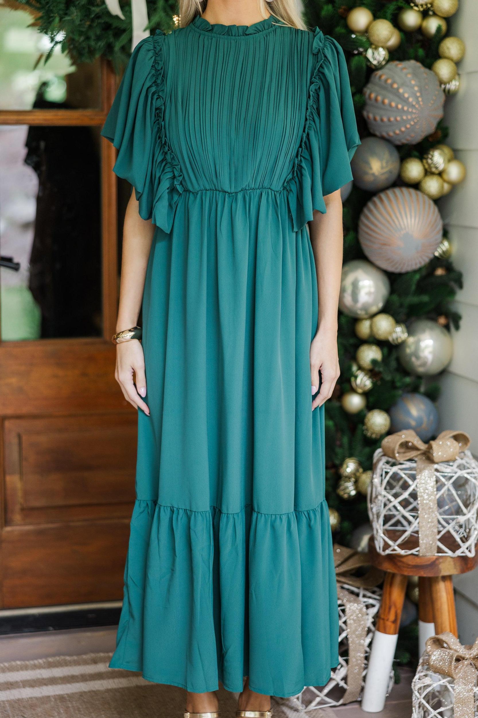 All The Good Emerald Green Ruffled Midi Dress Female Product Image