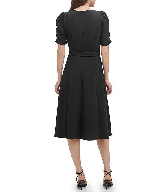 DKNY by Donna Karan Stretch Crew Neck Short Ruched Sleeve Fit and Flare Midi Dress Product Image