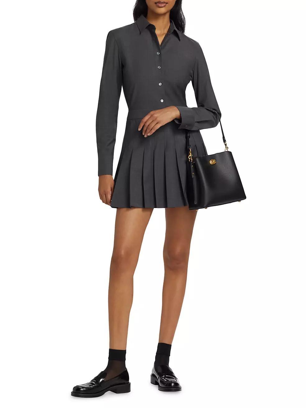 Wool-Blend Pleated-Skirt Mini-Shirtdress Product Image