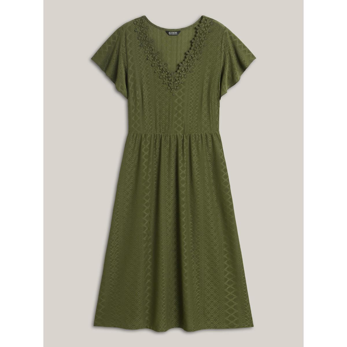 Plus Size Textured Lace V-Neck Knit Midi Dress ArmyGreen Women V-neck Short sleeve Curvy BloomChic 18-20/2X Product Image