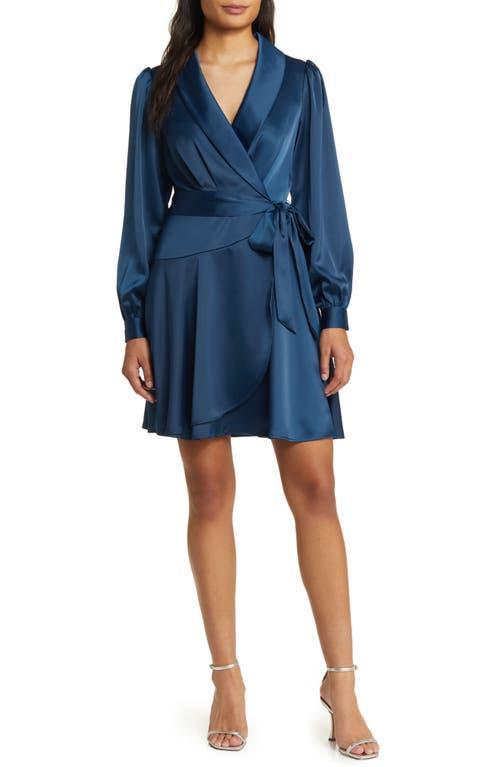 Vince Camuto Crepe Back Satin Long Sleeve Faux Wrap Dress Fit-and-Flare with Self Sash (Hunter) Women's Clothing Product Image