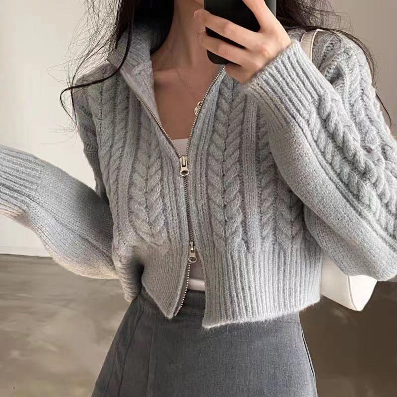 Plain Cable-Knit Zip Cardigan Product Image