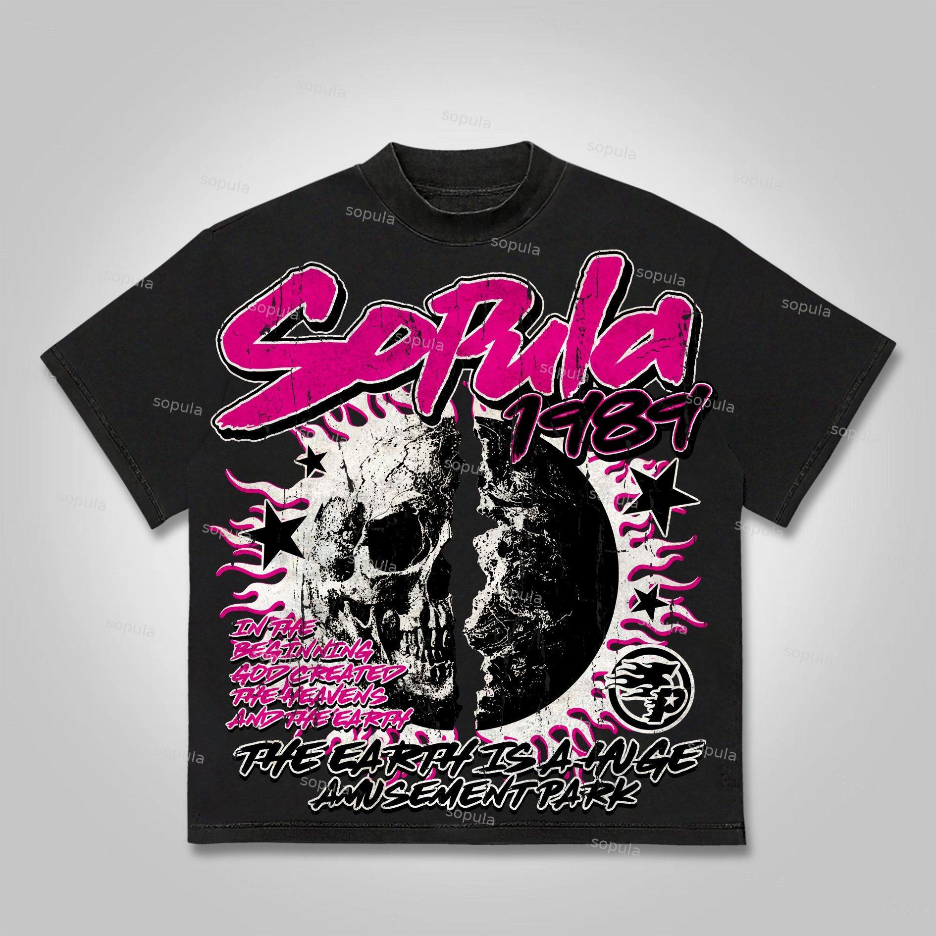 Sopula Street Retro Flame Skeleton Earth Print Cotton T-Shirt Product Image
