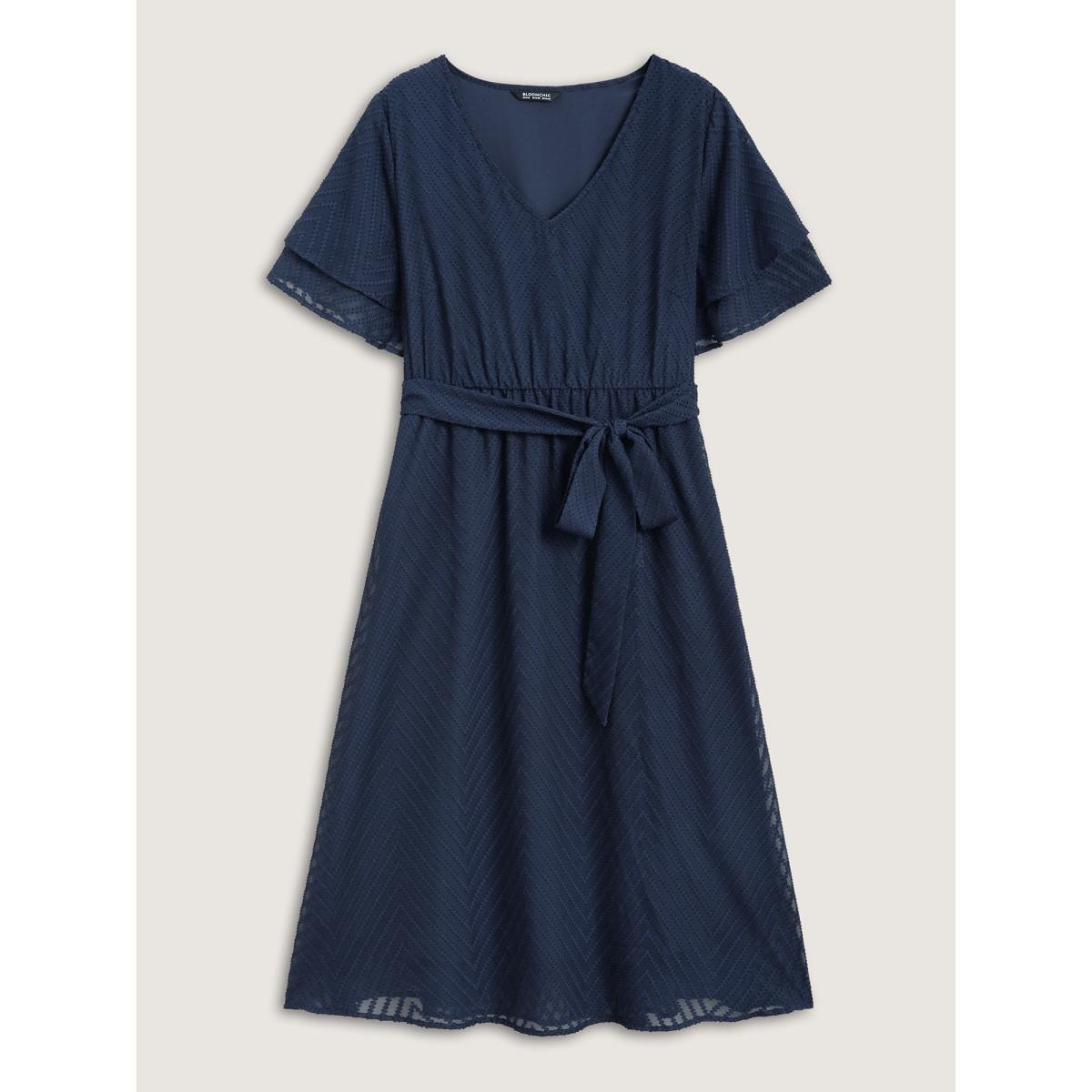 Plus Size Texture Tiered Ruffle Sleeve See Through Dress Navy Women Elegant Texture V-neck Half Sleeve Curvy BloomChic 22-24/3X Product Image