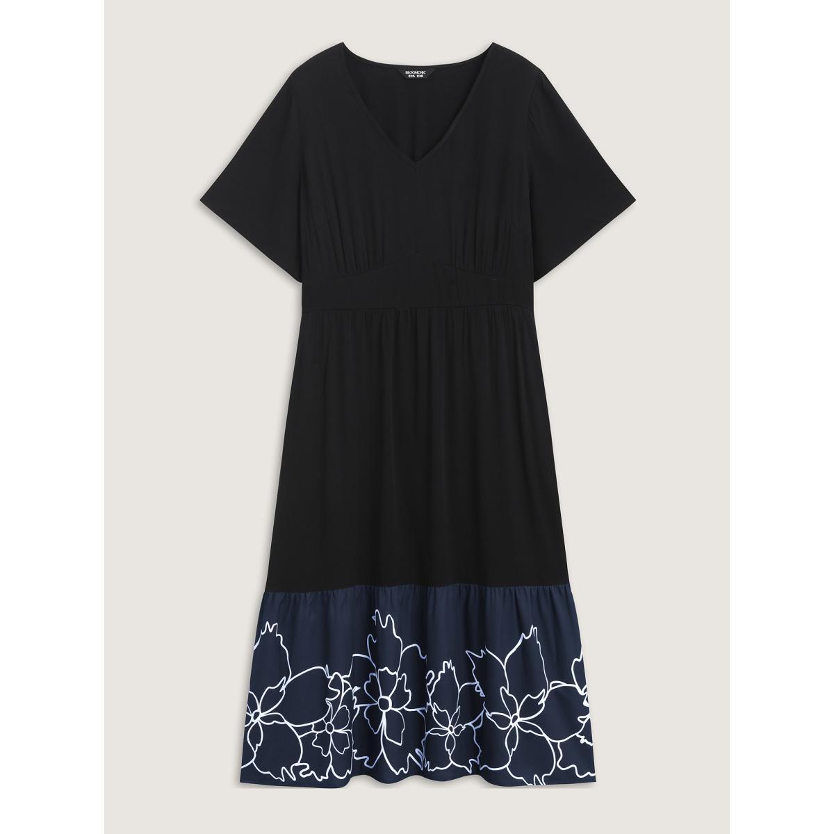 Plus Size Rayon Floral Hem Cinched-Waist Midi Dress Black Women V-neck Short sleeve Curvy BloomChic 12/L Product Image
