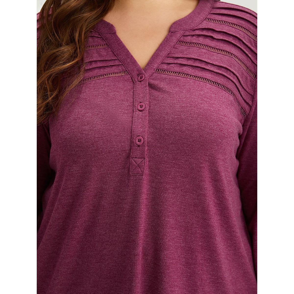 Plus Size Notched Pleated Button Up T-shirt RedViolet Women Casual Plain Plain Notched collar Dailywear T-shirts BloomChic 18-20/2X Product Image