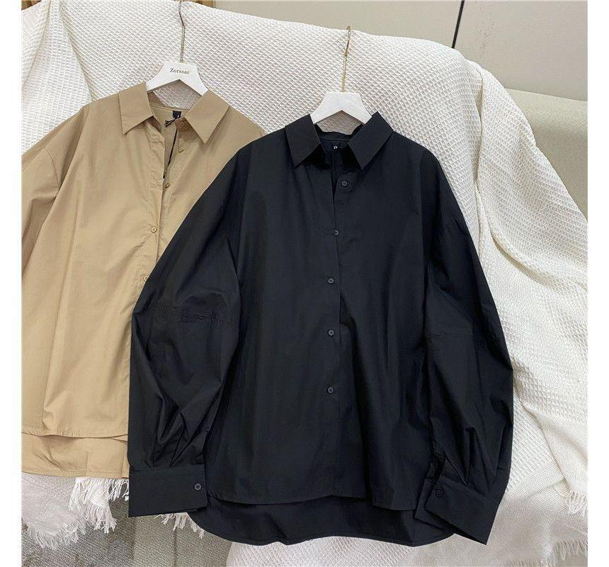 Long-Sleeve Collared Plain Oversized Shirt Product Image