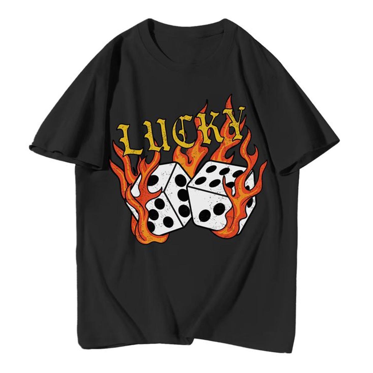 Udear Flame Dice & "Lucky" Round Neck T-Shirt Product Image