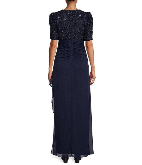 Alex Evenings Short Sleeve V-Neck Soutache Bodice Cascade Ruddle Dress Product Image
