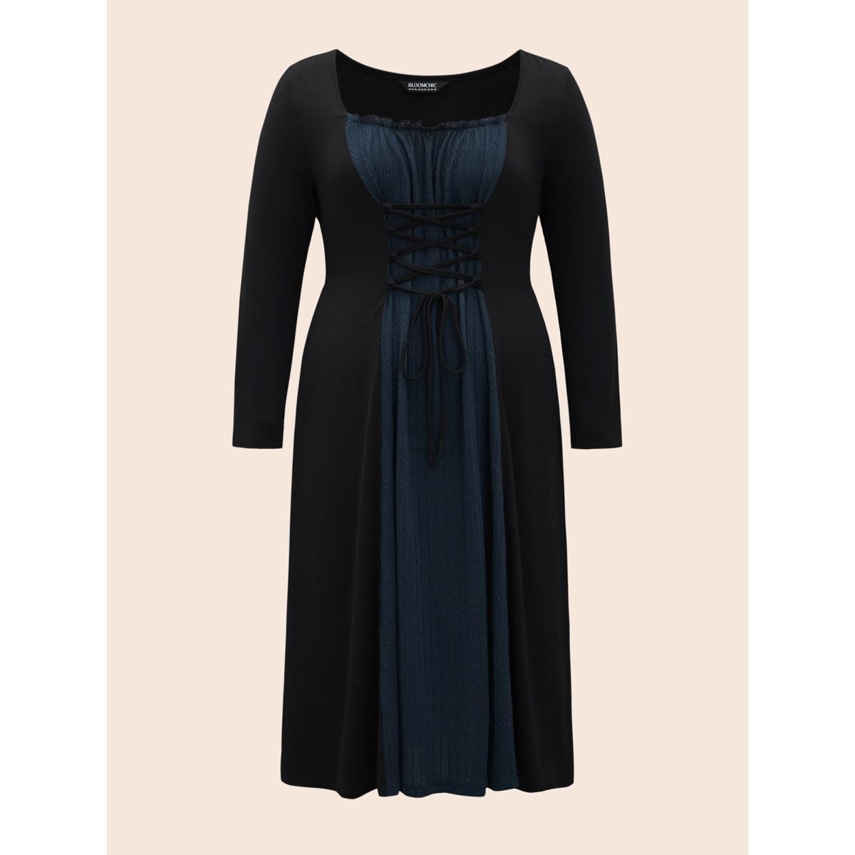 Plus Size Square Neck Textured Patchwork Crisscross Dress Indigo Women Elegant Wraparound straps Square Neck Long Sleeve Curvy BloomChic 10/M Product Image