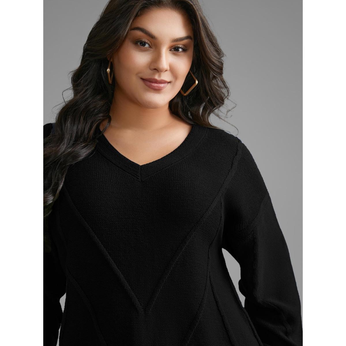 Plus Size V Neck Cable Knit Texture Pullover Black Women Casual Loose Long Sleeve V-neck Everyday Pullovers BloomChic 10/M Product Image