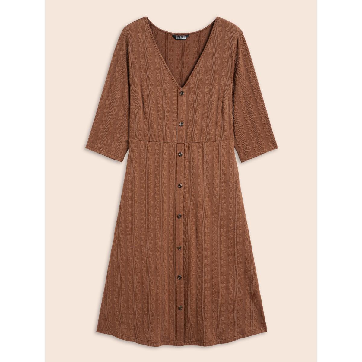 Plus Size Plain Textured Button Detail Midi Dress Yellowishbrown Women Casual Texture V-neck Elbow-length sleeve Curvy BloomChic 28/5X Product Image