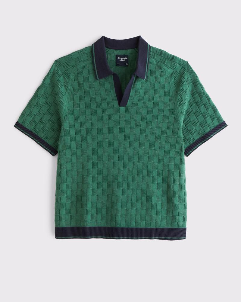Cropped Checkered Stitch Johnny Collar Sweater Polo Product Image