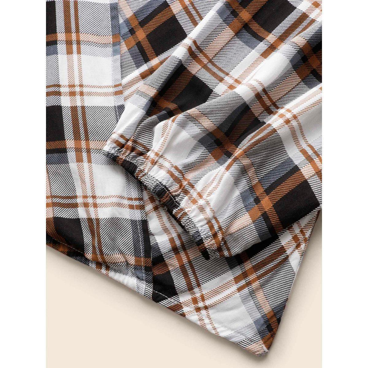 Plus Size Browncoffeecolor Plaid Overlap Collar Patch Pocket Blouse Women Casual Three Quater Length Sleeve Overlap Collar Everyday Blouses BloomChic 12/L Product Image