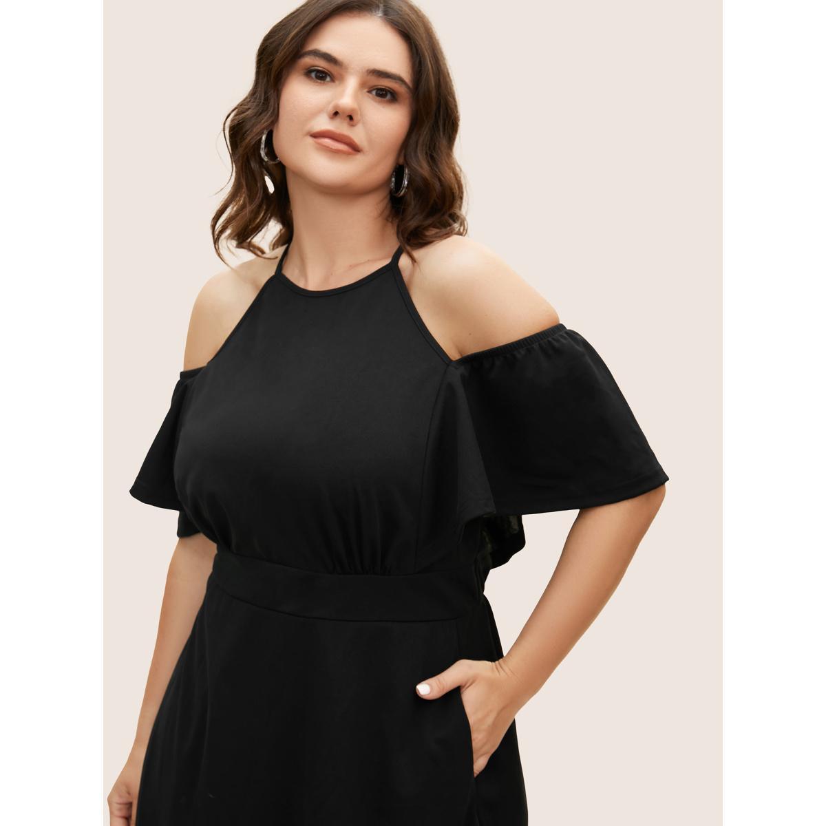 Plus Size Cold Shoulder Flutter Sleeve Midi Dress Black Women At the Office Gathered Round Neck Short sleeve Curvy BloomChic 26/4X Product Image