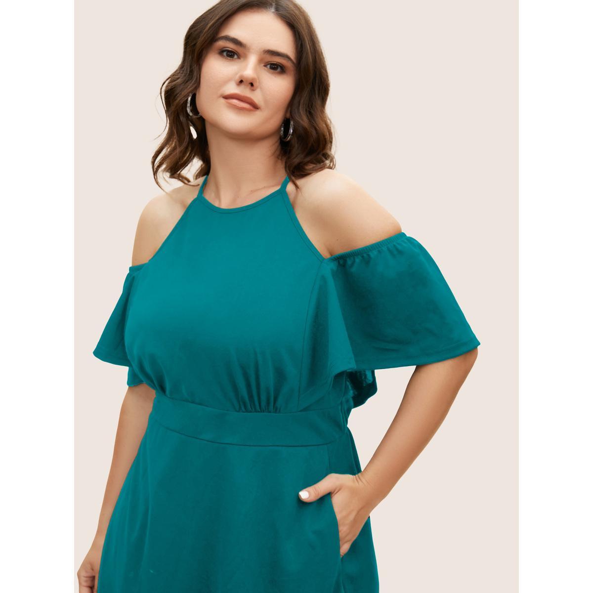 Plus Size Cold Shoulder Flutter Sleeve Midi Dress Teal Women At the Office Gathered Round Neck Short sleeve Curvy BloomChic 10/M Product Image