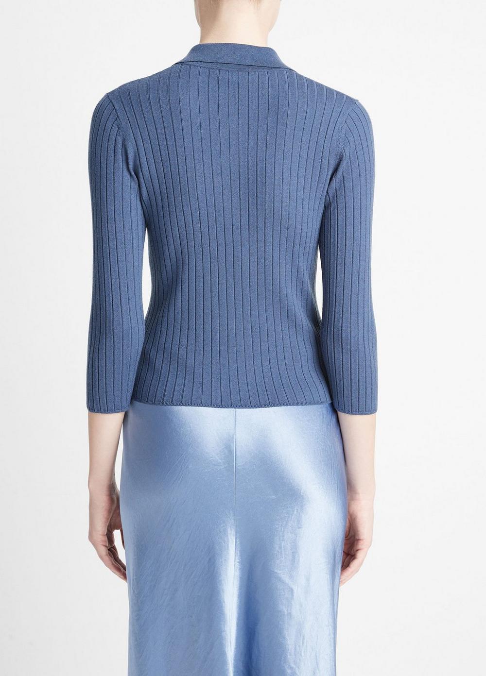 Womens Ribbed Wool Three-quarter-Sleeve Polo Sweater, Riverbed, Size XXS Vince Product Image