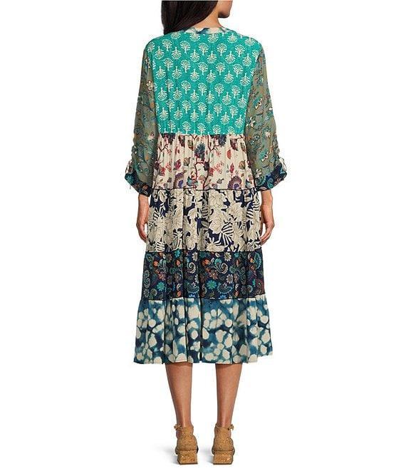 John Mark Floral Multi Print Embroidered Split V-Neck 3/4 Sleeve Cinched Tie A-Line Midi Dress Product Image
