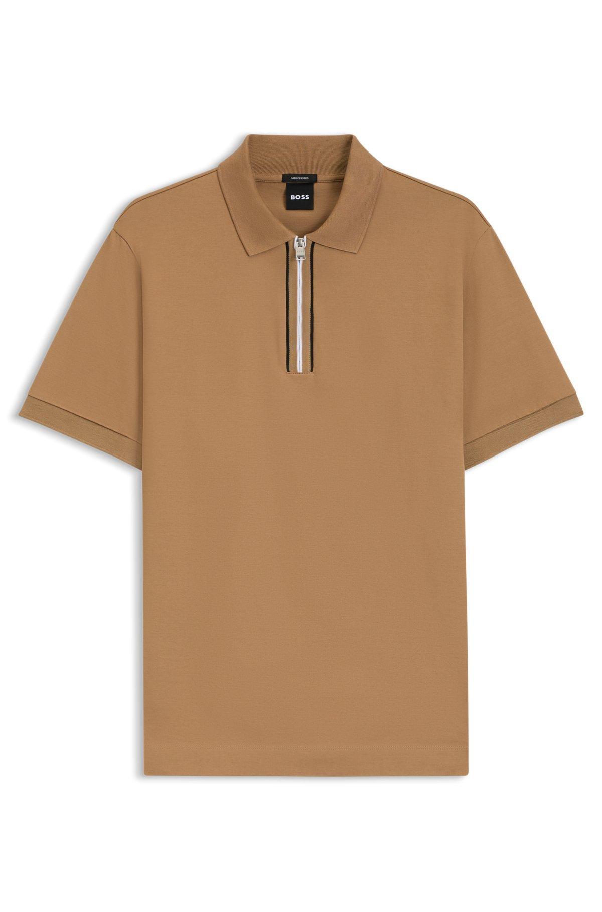 BOSS - Mercerized cotton polo shirt with contrast zip - Beige Product Image