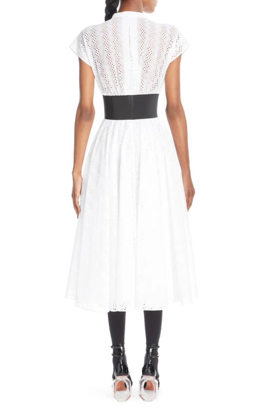 ALAÏA Circle Eyelet Belted Midi Dress In White Product Image