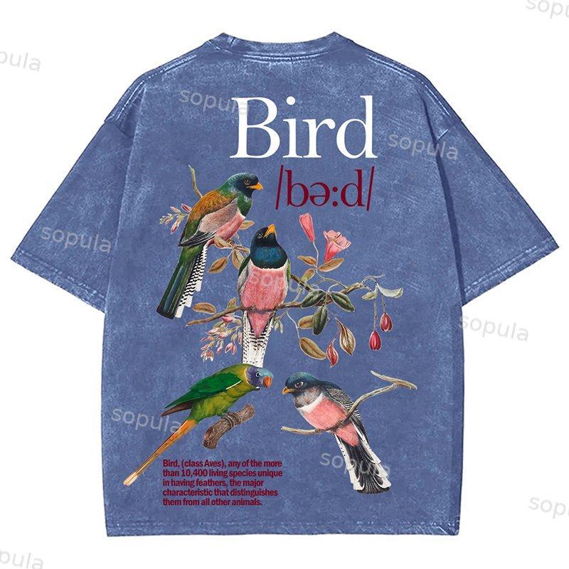 Bird Print Graphic Vintage Acid Wash Cotton T-Shirt Product Image