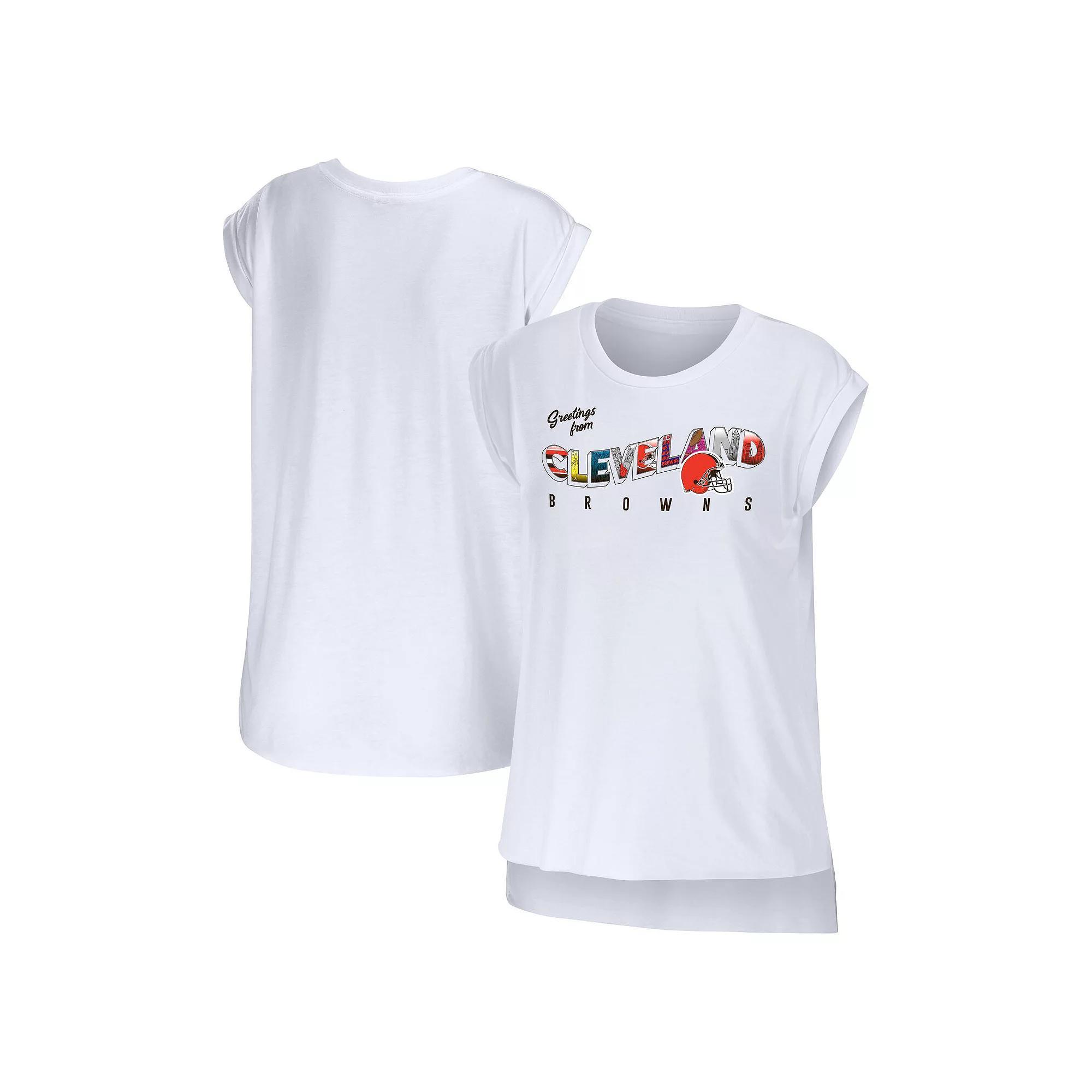 Women's WEAR by Erin Andrews White Cleveland Browns Greetings From Muscle T-Shirt, Size: Small Product Image