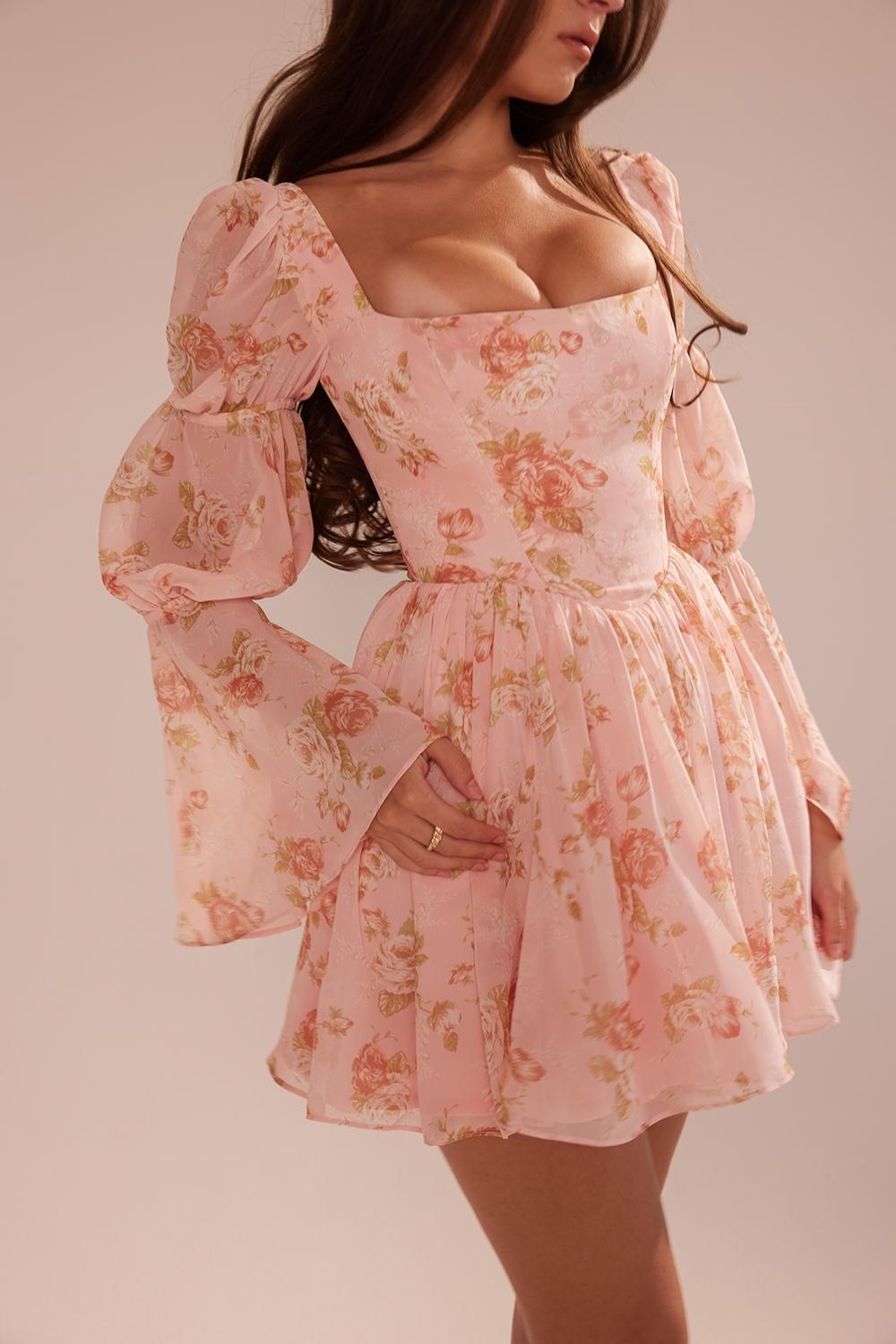 Sancia English Vintage Rose Print Puff Sleeve Mini Dress Product Image