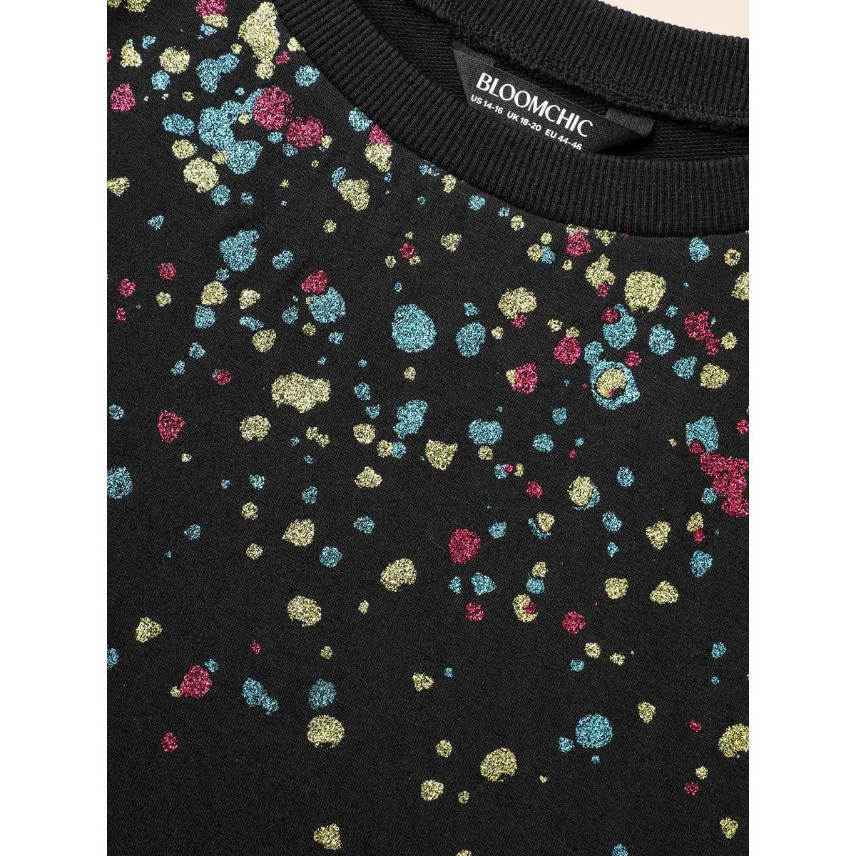 Plus Size Crew Neck Color Glitter Sweatshirt Women Black Casual Patchwork Round Neck Everyday Sweatshirts BloomChic 30/6X Product Image