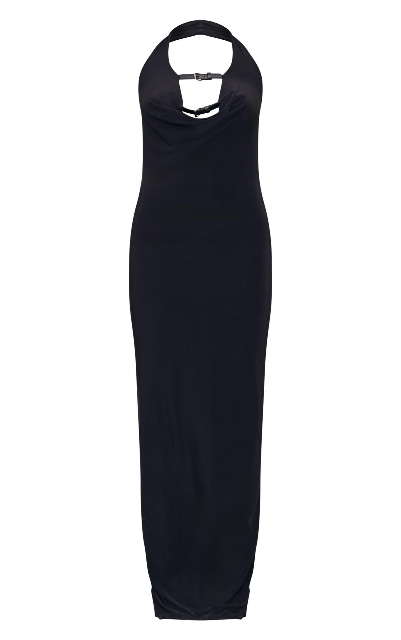 Black Slinky Belt Tie Halterneck Maxi Dress Product Image