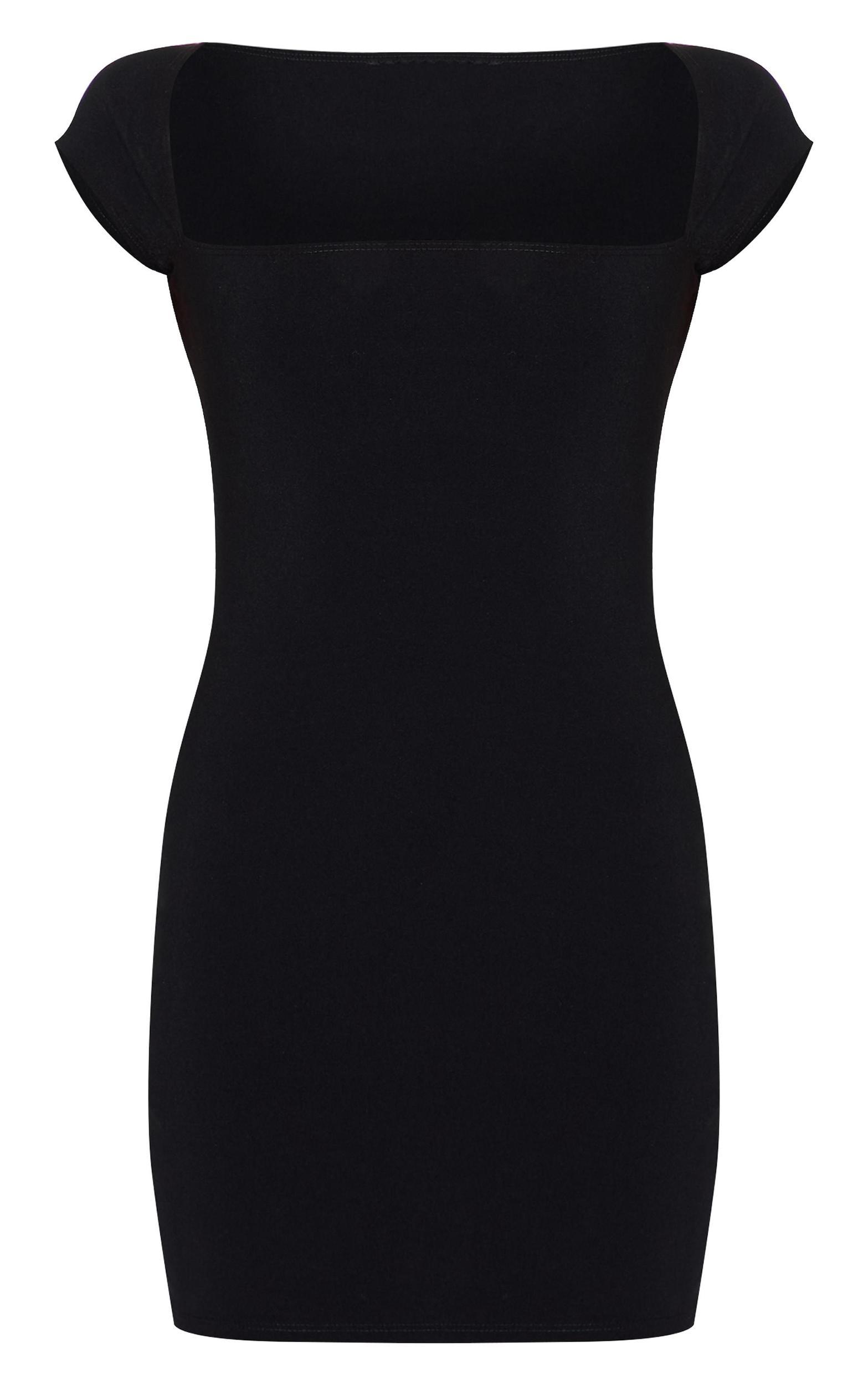 Black Stretch Woven Square Neck Short Sleeve Dress Product Image
