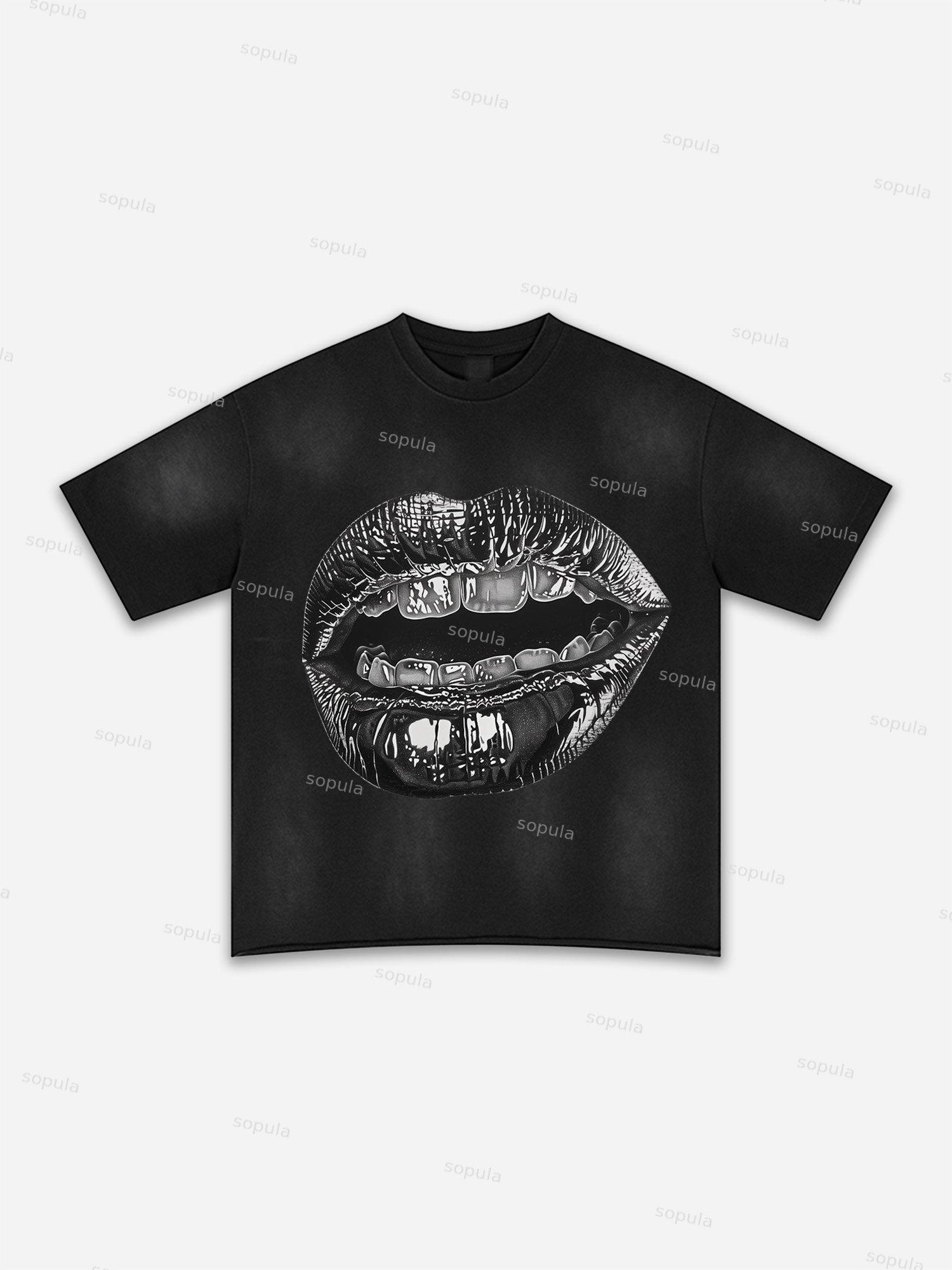 Lips Graphic Print Washed T-shirt Product Image