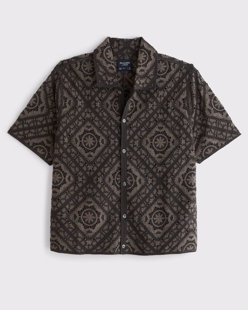 Crochet-Style Diamond Pattern Button-Through Sweater Polo Product Image