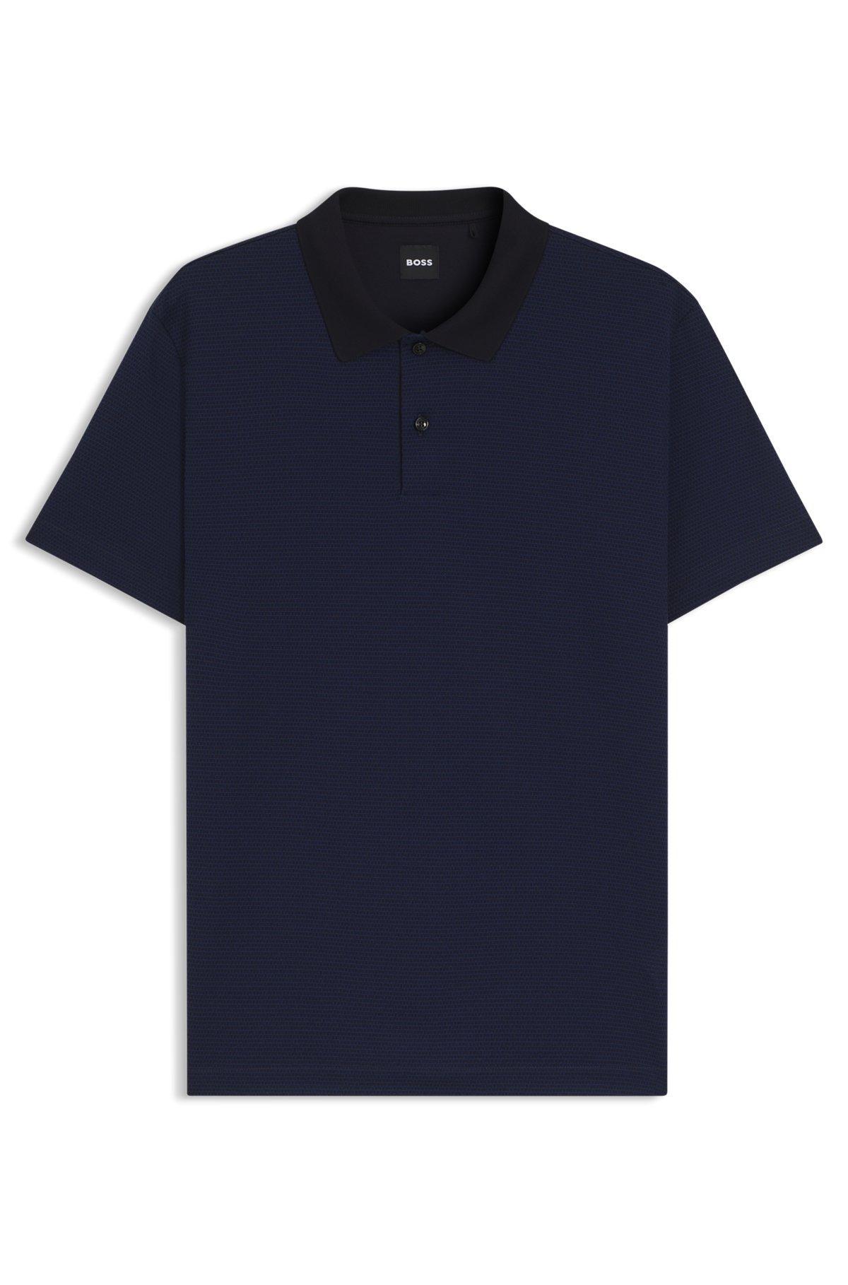 BOSS - Mercerized-cotton polo shirt with geometric jacquard - Dark Blue Product Image