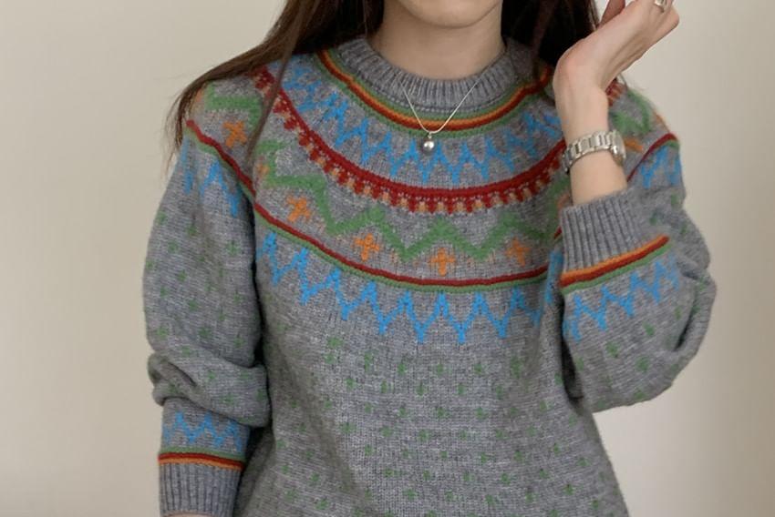 Crew Neck Patterned Sweater Product Image