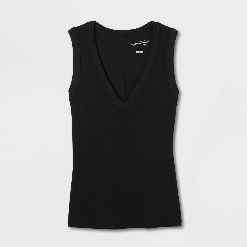 Women's Ribbed Fitted Tank Top - Universal Thread™ Black XS: Cotton Spandex Blend, V Neck, Pullover, Midweight Product Image