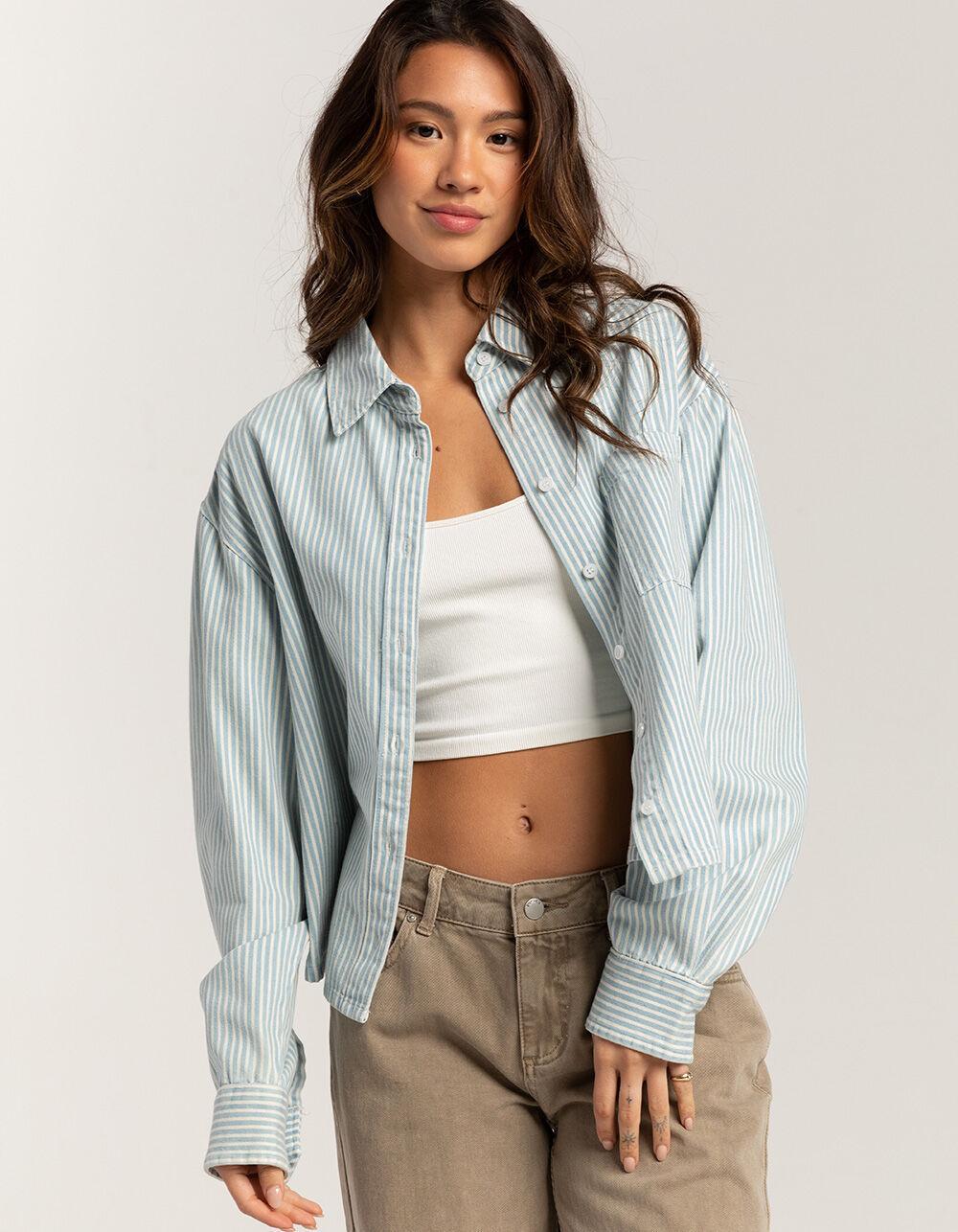 RSQ Womens Denim Stripe Crop Shirt - WHT/BLUE Product Image