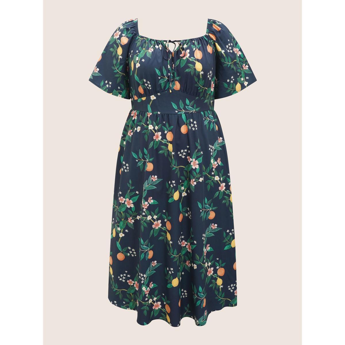 Plus Size Citrus Orange Print Square Neck Gathered Drawstring Dress Navy Women Elegant Tie knot Square Neck Half Sleeve Curvy Midi Dress BloomChic 22-24/3X Product Image