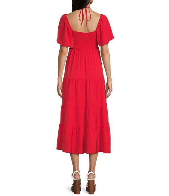 GB Tie Neck Short Sleeve Tiered Midi Dress Product Image