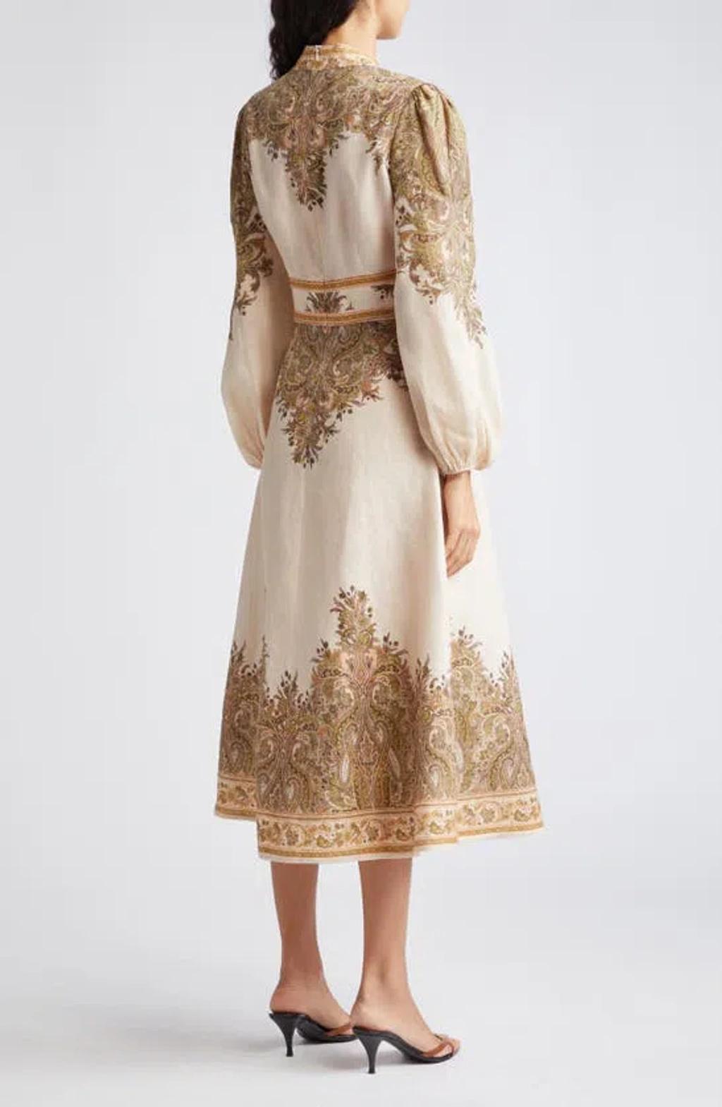 ZIMMERMANN Natura Floral Paisley Long Sleeve Linen Midi Dress In Khaki Paisley Product Image