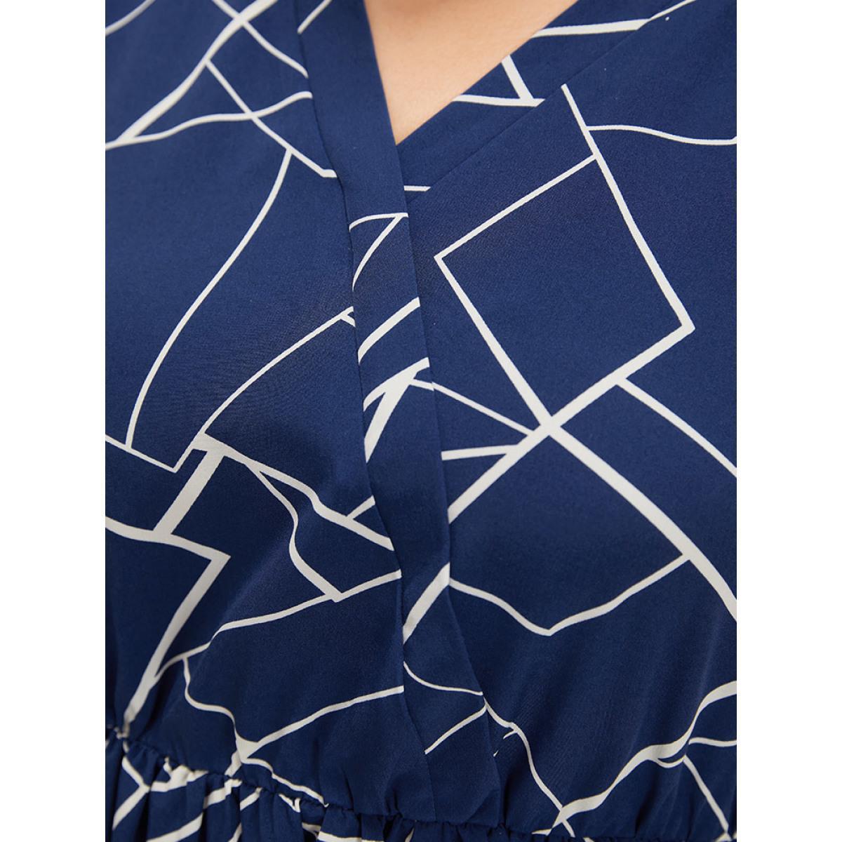 Plus Size Geometric Print Ruffle Cap Sleeve Wrap Layered Hem Dress Indigo Women Office Printed V-neck Cap Sleeve Curvy Long Dress BloomChic 26/4X Product Image