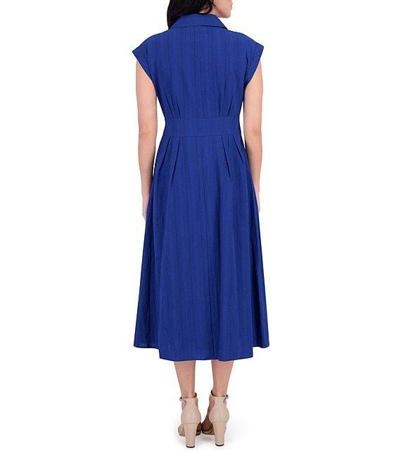 Kensie Stripe Cotton Point Collar V-Neck Cap Dolman Sleeve Smocked Pleated Midi A-Line Dress Product Image