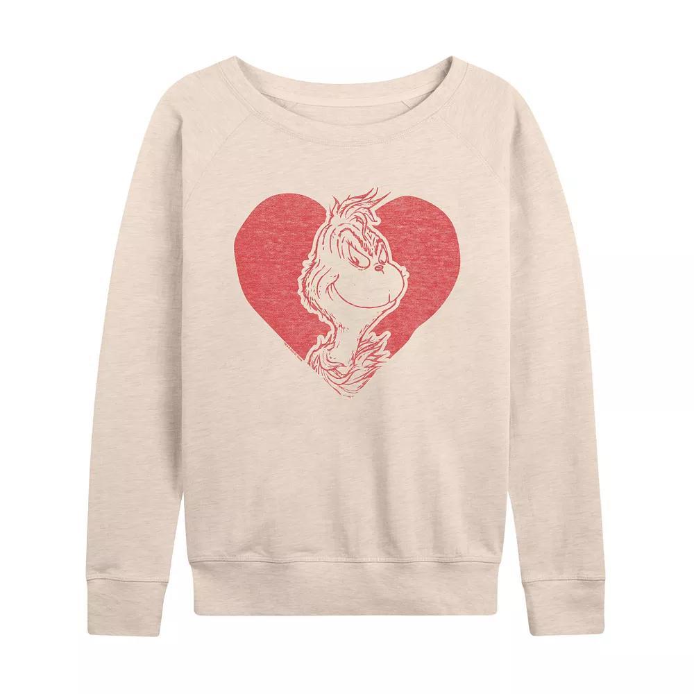Women's Dr. Seuss Grinch Valentine's Heart French Terry Long Sleeve Tee, Size: Medium, Beige Product Image