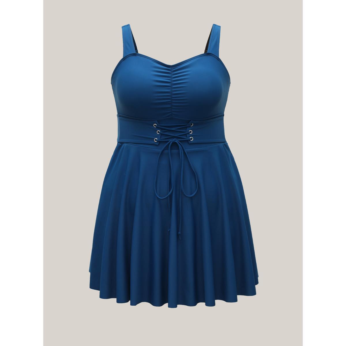 Plus Size Waist-Tie Ruched Flared Swim Dress Women's Swimwear Aegean Beach Bodycon Heart neckline High stretch Curve Swim Dresses BloomChic 12/L Product Image