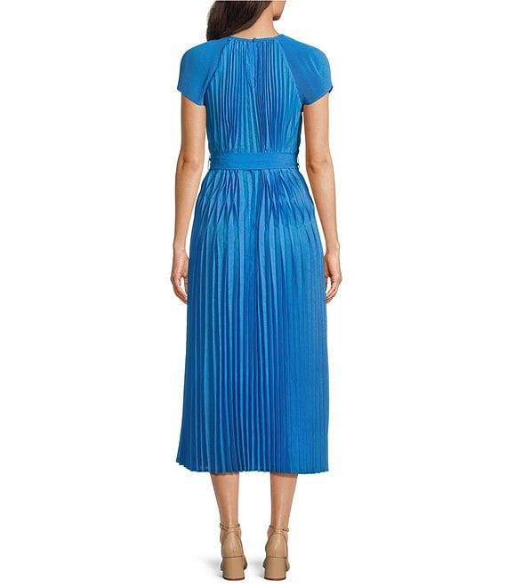 Current Air Allover Pleated Round Neck Short Sleeves Belted Midi Dress Product Image