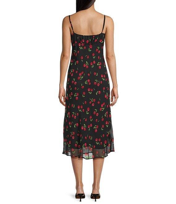 B. Darlin Cherry Print Scoop Neck Tie Front Ruffle Hem Midi Dress Product Image