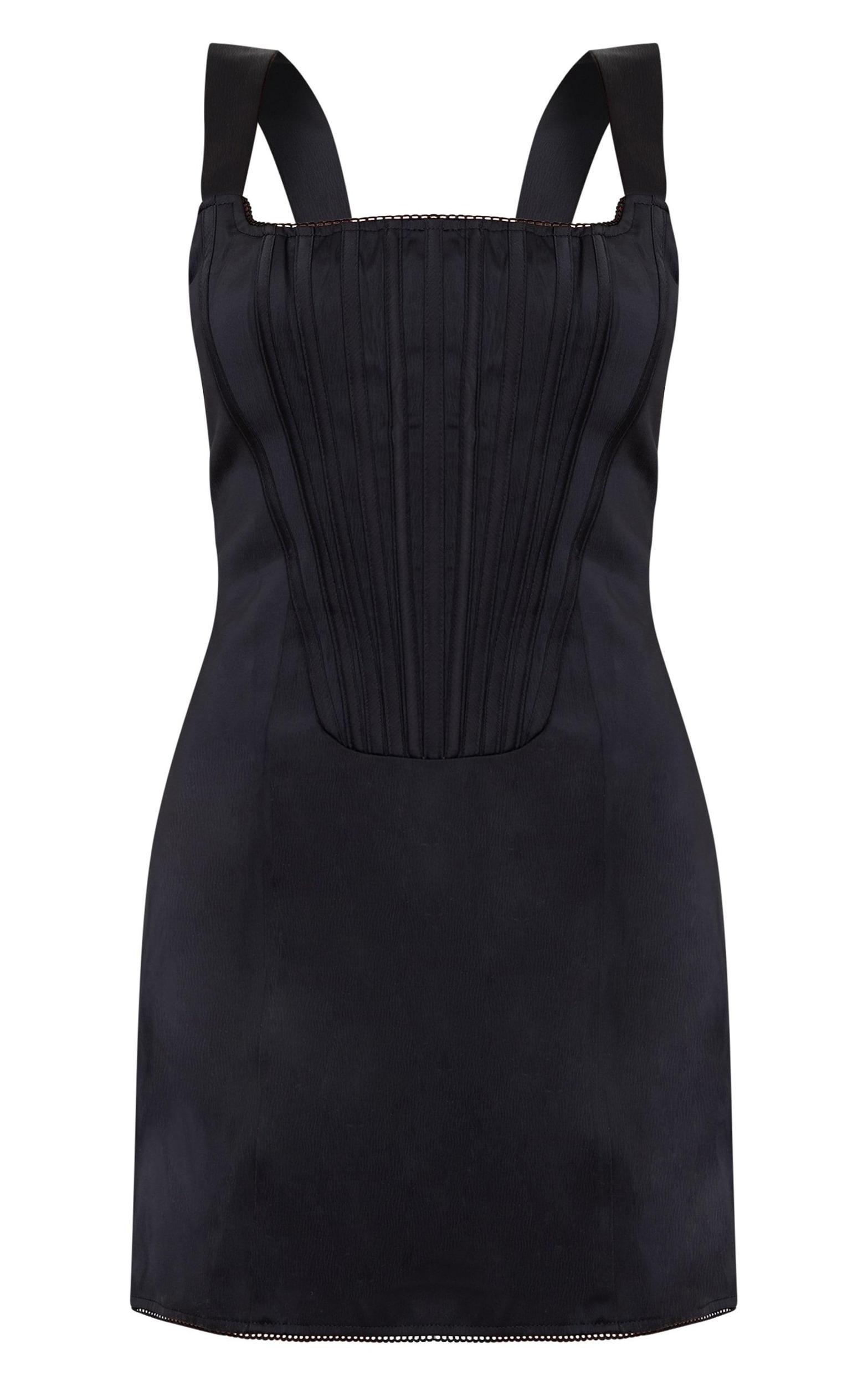 Premium Black Woven Square Neck Lace Back Corset Bodycon Dress Product Image