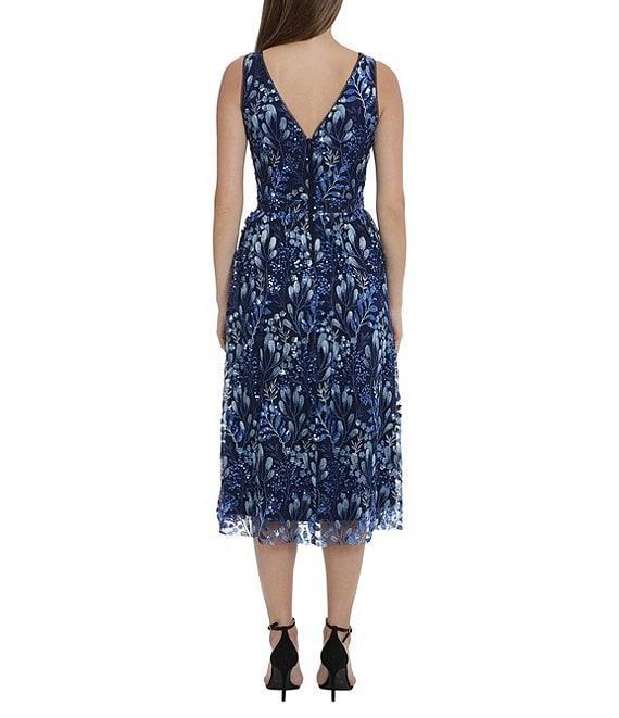 Maggy London Double V-Neck Sleeveless Embroidered Mesh Midi Fit & Flare Dress Product Image