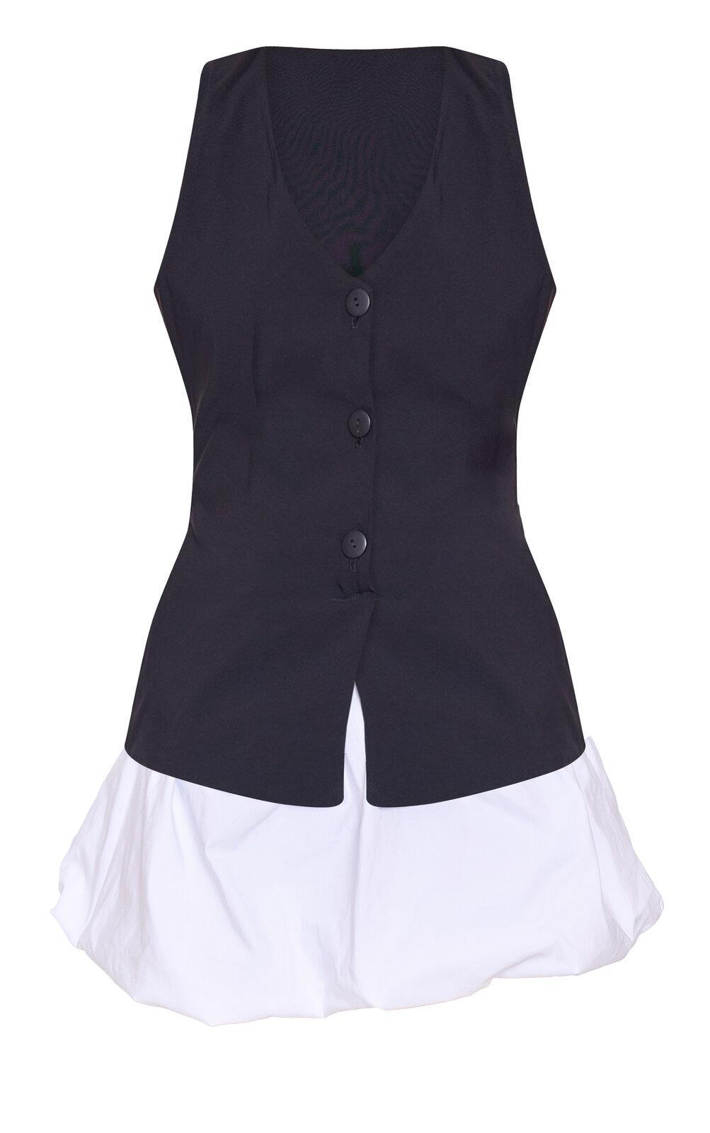 Black Contrast Tailored Puffball Shift Dress Product Image