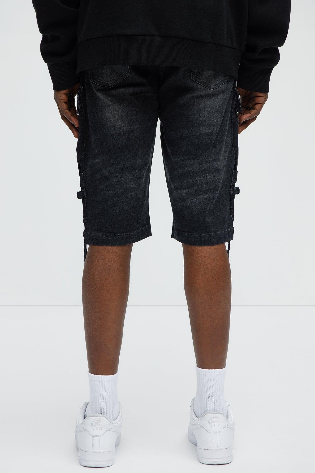 Buckle Down Strapped Relaxed Denim Shorts - Black Product Image